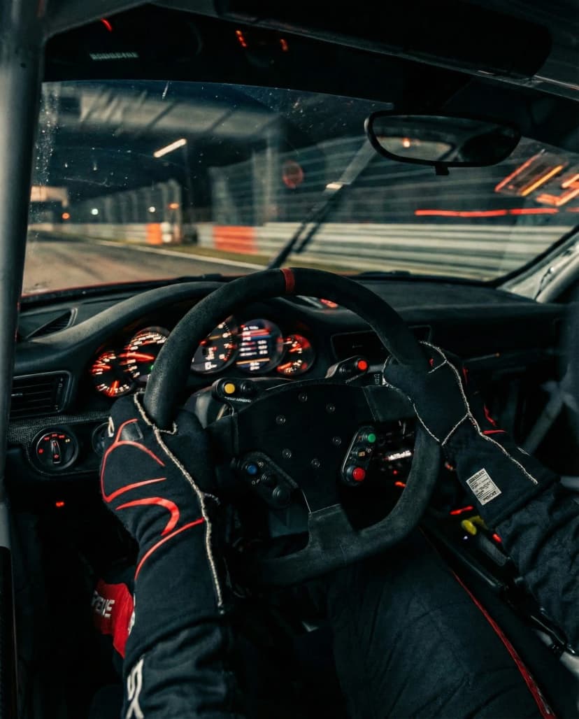 Racing gloves in action on steering wheel
