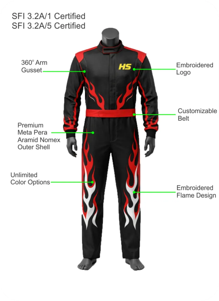 Custom SFI-certified Nomex racing suit — classified under HS code 6210.40 for international import