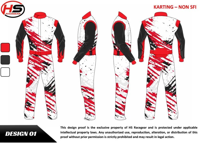 Custom racing suit design mockup — built to order and shipped worldwide with proper customs documentation