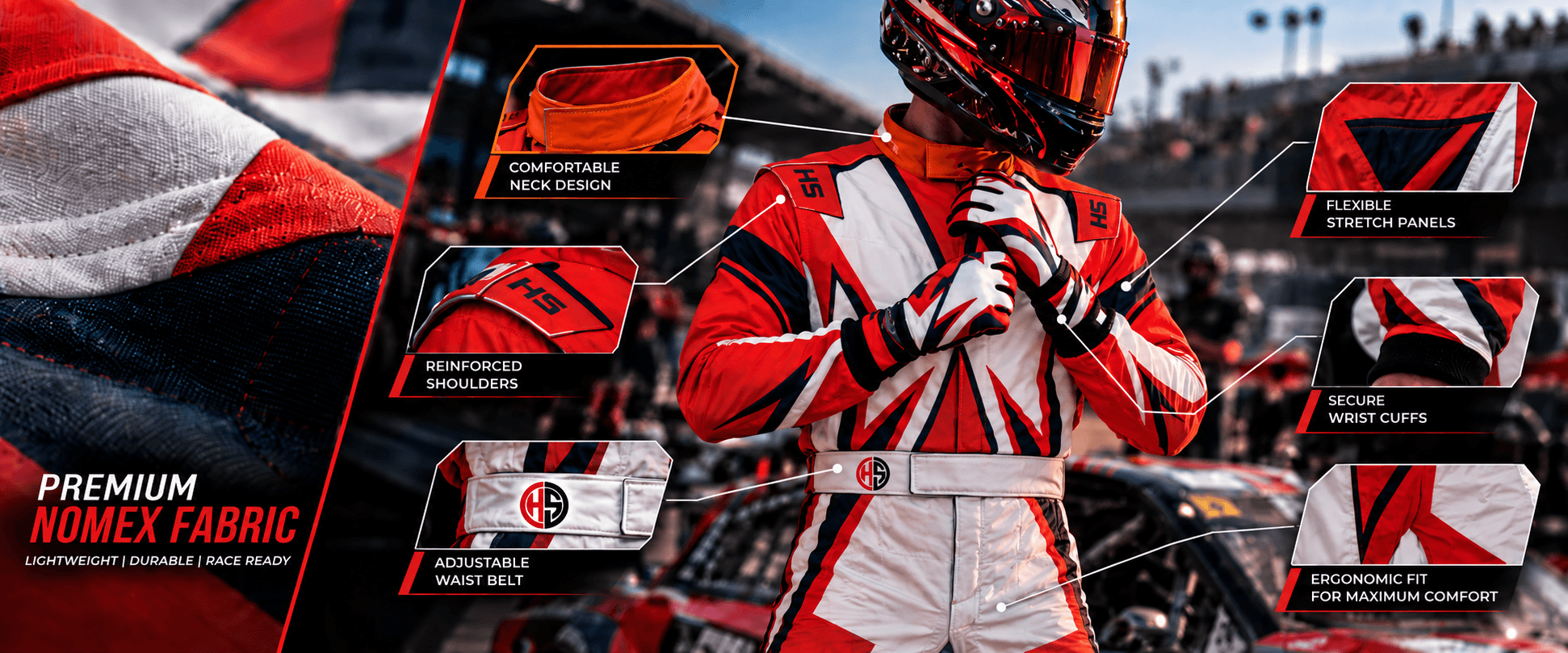 Premium Nomex racing suit features: comfortable neck design, reinforced shoulders, adjustable waist belt, flexible stretch panels, secure wrist cuffs, ergonomic fit