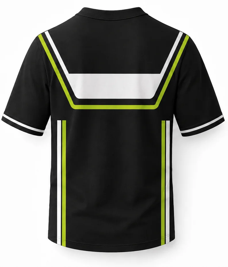 HS Highline sublimated racing crew shirt back view — team pit crew apparel with full sublimation graphic, made in Watertown, MA