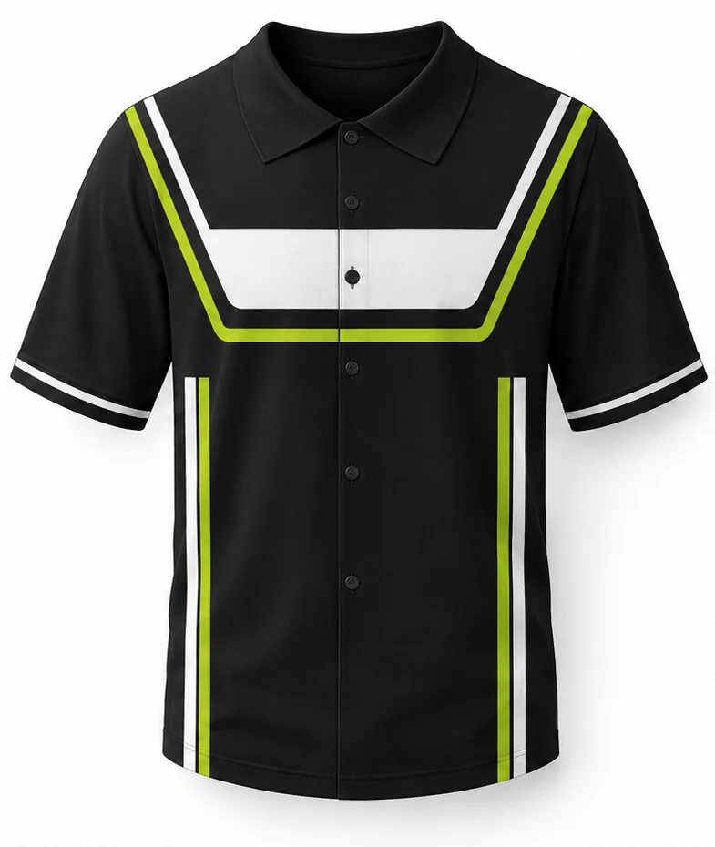 HS Highline sublimated racing crew shirt front view — full-color pit crew shirt, performance polyester, made in USA by HS Race Gear