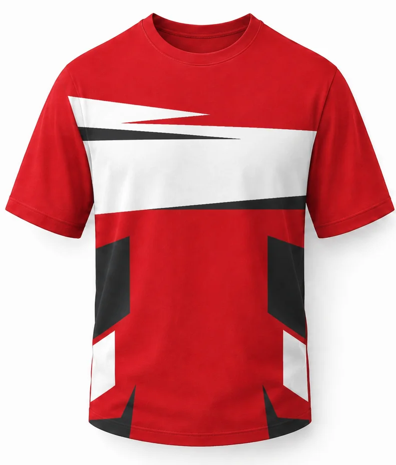 HS Race sublimated racing crew shirt front view — full-color pit crew shirt, performance polyester, made in USA by HS Race Gear