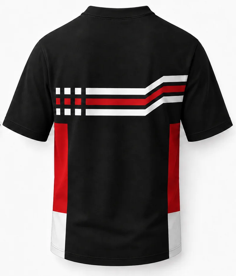 HS Redline sublimated racing crew shirt back view — team pit crew apparel with full sublimation graphic, made in Watertown, MA