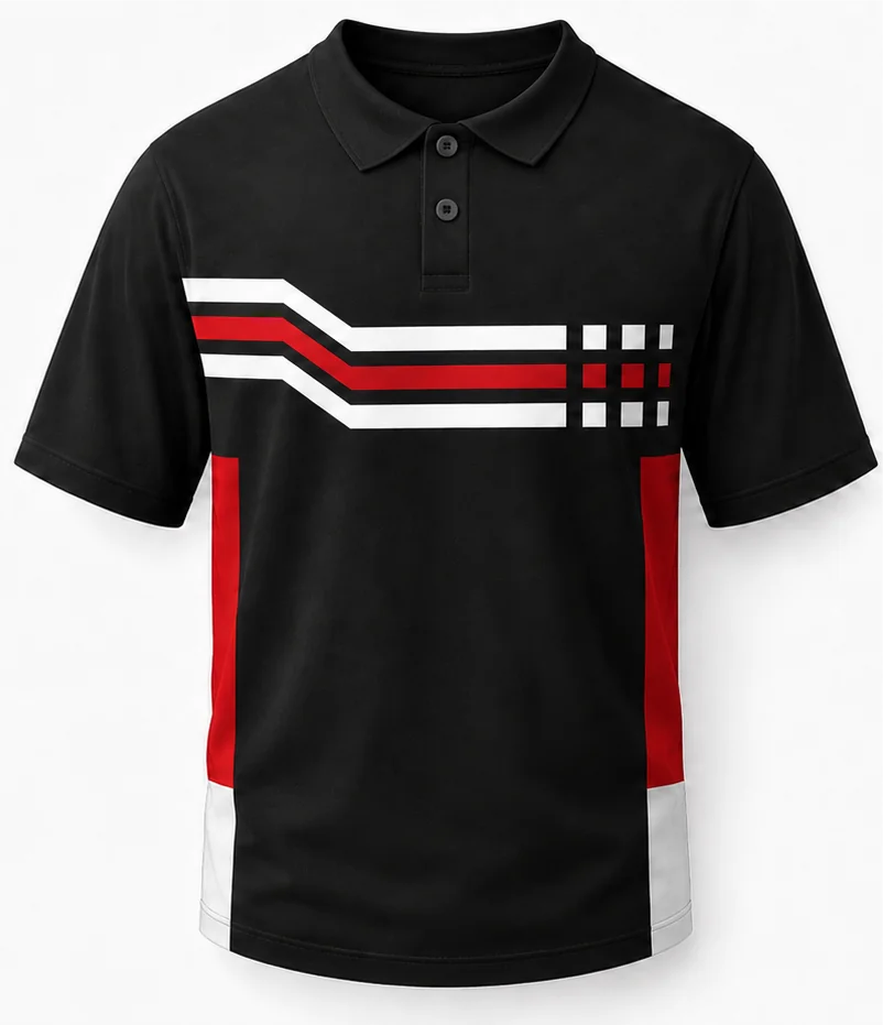 HS Redline sublimated racing crew shirt front view — full-color pit crew shirt, performance polyester, made in USA by HS Race Gear