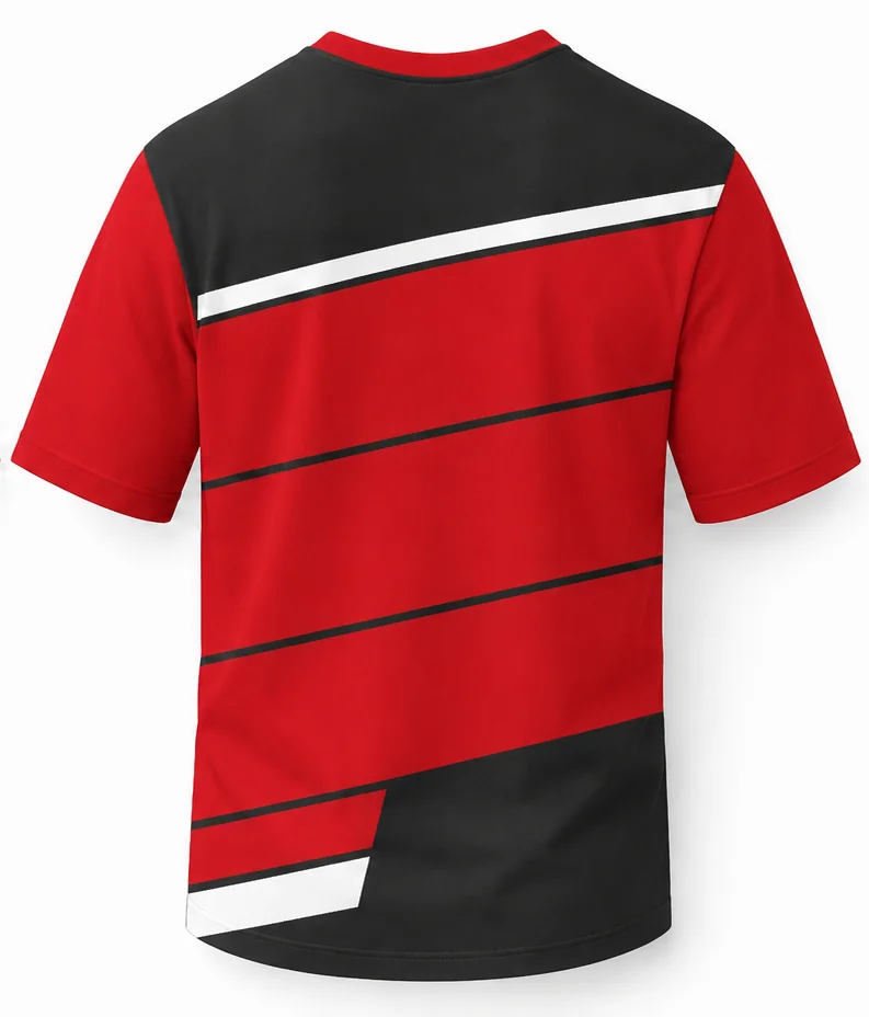 HS Redtide sublimated racing crew shirt back view — team pit crew apparel with full sublimation graphic, made in Watertown, MA