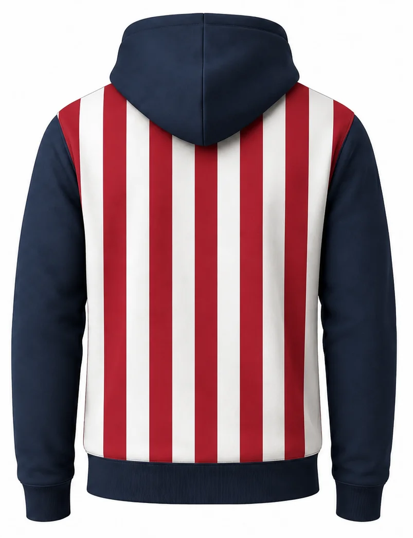 HS Patriot sublimated crew racing hoodie back view — team apparel with full sublimation graphic, made in Watertown, MA
