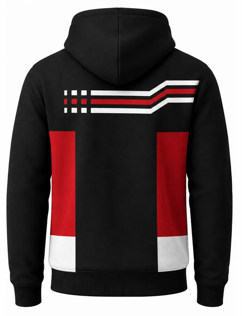 HS Redline sublimated crew racing hoodie back view — team apparel with full sublimation graphic, made in Watertown, MA