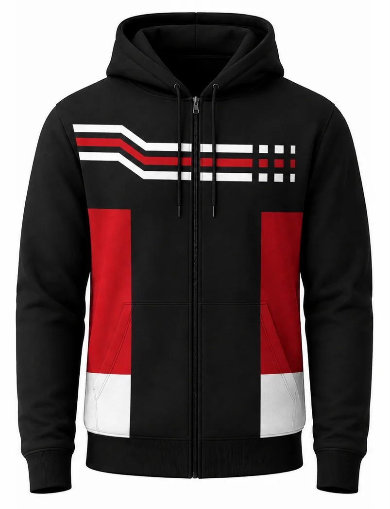HS Redline sublimated crew racing hoodie front view — full-color pit crew hoodie, poly fleece, made in USA by HS Race Gear